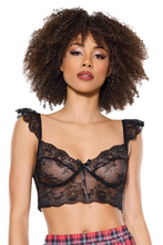 Feminine lace bralette with delicate ruffled lace strap details