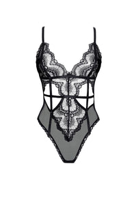 Sensual sheer lace and mesh bodysuit with deep cutouts