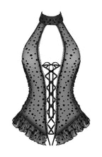 Sexy black crotchless bodysuit with polka dot pattern