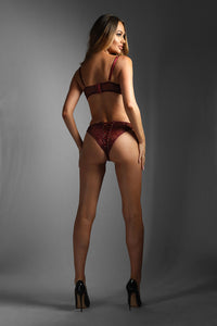 Sensual Burgundy Lace-up Bra & Crotchless Panty