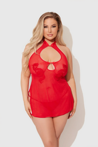 Dragon Mesh & Applique Chemise Set Red