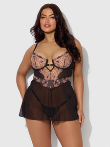 Sensual black lace babydoll and g string set