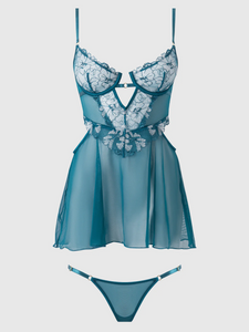 Sensual blue lace babydoll and g string set