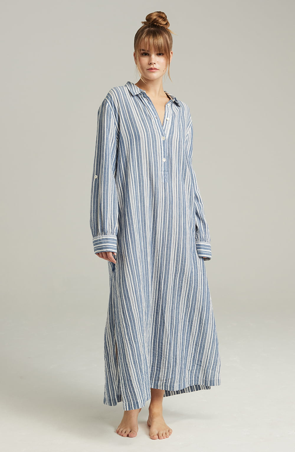 Organic cotton maxi shirt - French navy stripe