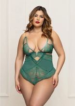 Emerald green Lace &amp; Mesh Open Crotch Bodysuit with Gold Straps