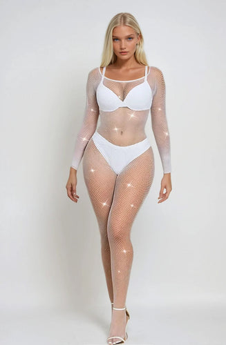 Sexy crotchless white fishnet bodystockings with sparkle diamante details