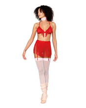 Red fringe bra set with garter belt