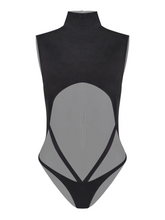 Provocative bodysuit with daring cutouts and a high-neck design