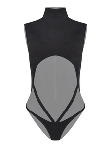 Provocative bodysuit with daring cutouts and a high-neck design