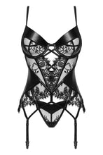 Alluring black lace and wetlook corset lingerie set