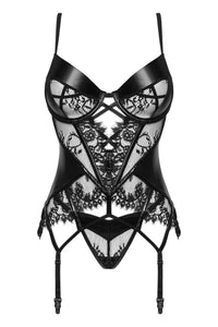 Alluring black lace and wetlook corset lingerie set