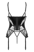 Alluring black lace and wetlook corset lingerie set