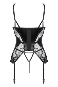 Alluring black lace and wetlook corset lingerie set