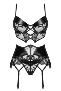 Erotic delicate lace and wetlook bra lingerie set