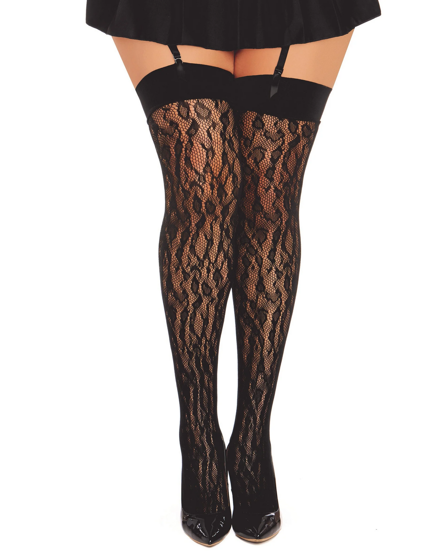 Plus-sized fishnet thigh high stockings with leopard design