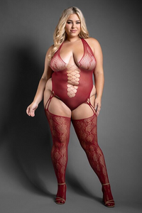 Crotchless snakeskin knit teddy bodystocking