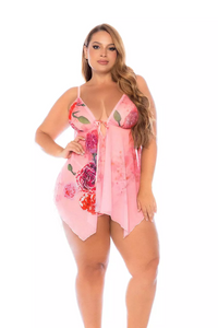 Flirty sheer mesh floral babydoll set