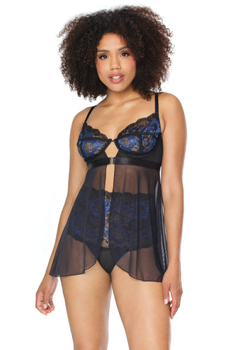 Sensual cobalt blue and black lace babydoll set