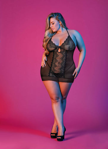 Sexy black lace plus size chemise set